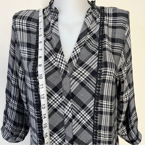 Zara Plaid Checkered Top Blouse Dress Tunic Embroidered Lettuce V Neck Hem Sz XS - Picture 6 of 16